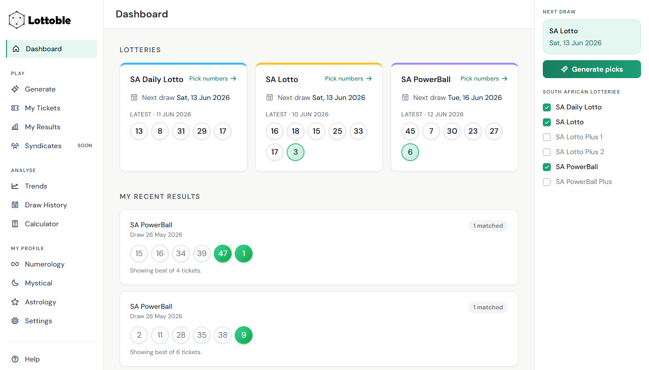 Lottoble dashboard showing lottery cards, recent results, and the next draw countdown